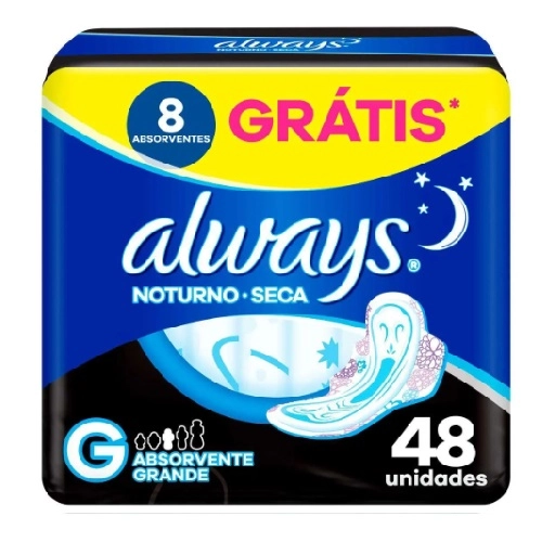 ABSORVENTE NOTURNO ALWAYS NOITES TRANQUILAS COBERTURA SECA COM ABAS 48 UNIDADES