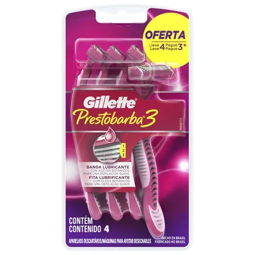 APARELHO DE DEPILACAO GILLETTE PRESTOBARBA 3 FEMININO COM 4 UNIDADES