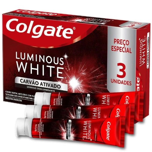 KIT CREME DENTAL COLGATE LUMINOUS WHITE CARVAO ATIVADO 3UN 70G