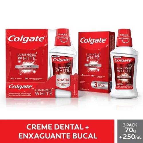 Kit Colgate Luminous White 3 Cremes Dentais 70G Gratis Enxaguante Bucal