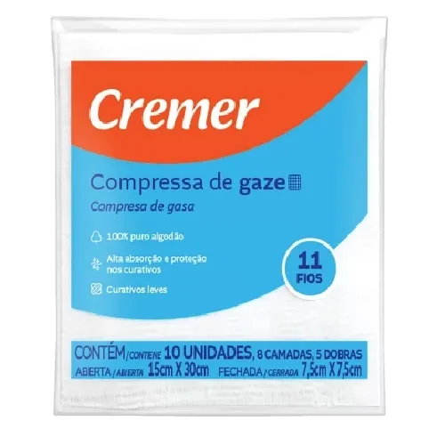 COMPRESSA GAZE CREMER 13 FIOS 7,5X7,5CM CREMER 10 UNIDADES