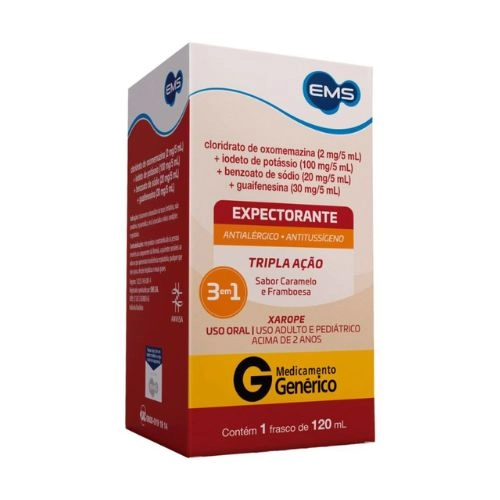 CLORIDRATO DE OXOMEMAZINA+IODETO DE POTASSIO+BENZOATO DE SODIO+GUAIFENESINA 2MG+100MG+30MG+30MG/5ML XPE 120ML