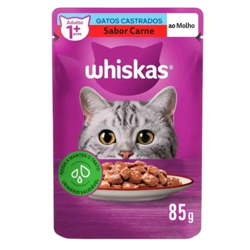 RACAO UMIDA WHISKAS GATO ADULTO CASTRADOS CARNE SACHE 85G