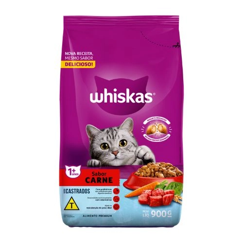 RACAO WHISKAS GATO ADULTO CASTRADOS CARNE 900G