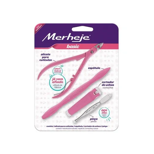 KIT MERHEJE ALICATE+ESPTULA+CORTADOR UNHA+PINCA BASIC ROSA 4UN