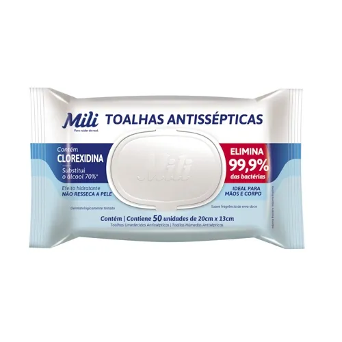 TOALHAS UMEDECIDAS MILI ANTISSEPTICO ALCOOL 70% 50UN