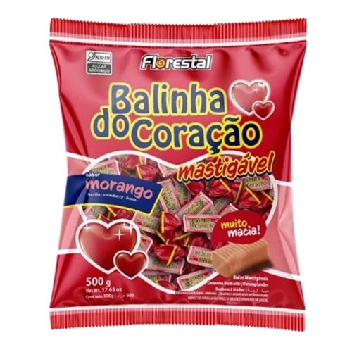 Bala Florestal Mastigavel Balinha Do Coracao Sabor Morango 500G