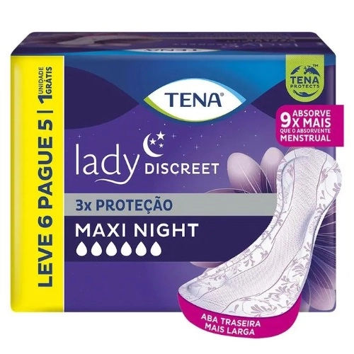 ABSORVENTE PARA INCONTINENCIA URINARIA TENA LADY DISCREET NOTURNO FEMININO ABSORCAO INTENSA 6 UNIDADES