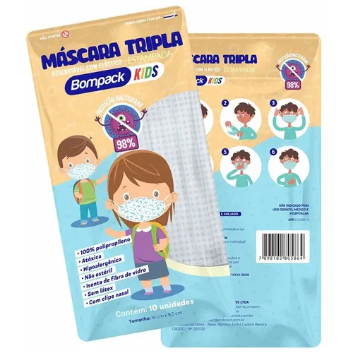 MASCARA DESCARTAVEL BOMPACK KIDS TRIPLA 10UN