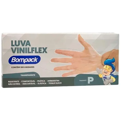 LUVA DESCARTAVEL BOMPACK VINILFLEX TRANSPARENTE P 100UN