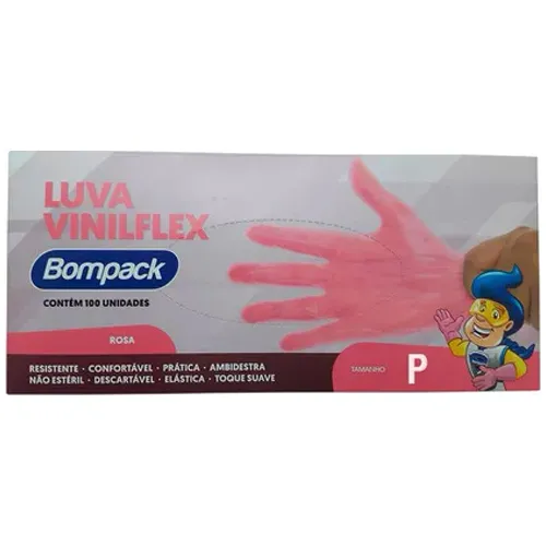 LUVA DESCARTAVEL BOMPACK VINILFLEX ROSA P 100UN