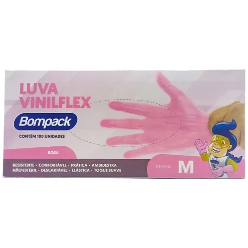 LUVA BOMPACK VINILFLEX SEM PO ROSA M 100 UN